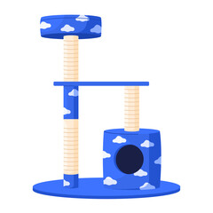 Cat furniture for sleep and plays. Cat tree tower with climbing platforms, cat house and scratching post. Pet house with ball, condo tower. Isolated vector illustration in cartoon style