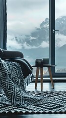 Fototapeta premium A modern living room with large windows overlooking the mountains, wooden floor and armchair, black coffee table, dark atmosphere, cozy blanket on the chair, beautiful nature view outside the window
