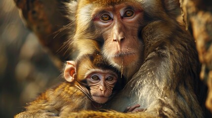 Obraz premium Detailed close-up of macaque mother and baby on rocks, capturing the intricate textures of their fur and expressive faces, photo-realistic, warm sunlight