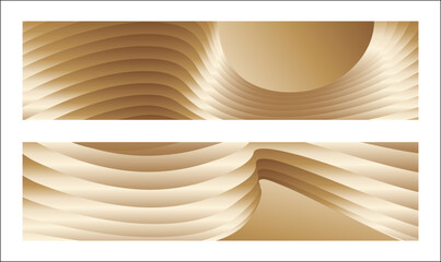 Wavy golden parallel gradient lines, ribbons, silk. Golden with shades of yellow background, banner, poster. Set of 2 backgrounds. Eps vector