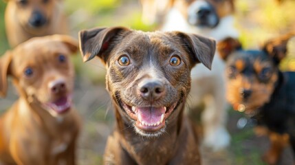 A group of dogs, including a brown and white pit bull mix, wait for their forever homes at a community pet adoption event in Morgansovka