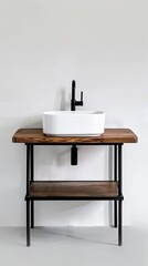 A modern bathroom interior with white walls, a wooden table and sink on a black shelf, viewed from the front