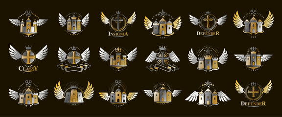 Vintage castles vector logos or emblems, heraldic design elements big set, classic style heraldry architecture symbols, antique forts and fortresses.