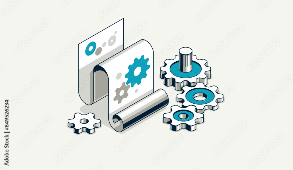 Poster user manual and guideline concept, technics instruction brochure, paper sheet with gears 3d isometri