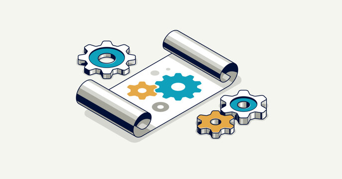 User manual and guideline concept, technics instruction brochure, paper sheet with gears 3D isometric vector illustration, engineering and repair tutorial.