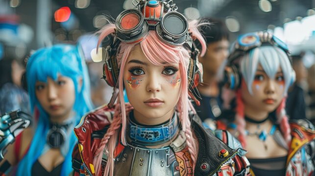 A young woman in cosplay, dressed as a video game character, poses for a photo at a convention