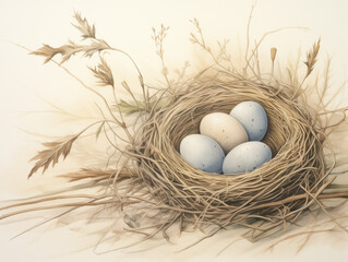 Rustic Bird Nest with Speckled Eggs, Gentle Pastel Tones, Nature Art