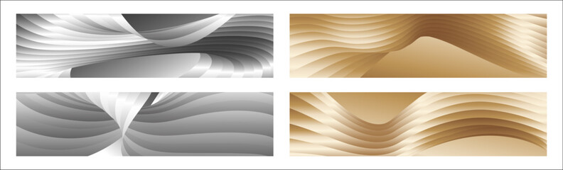 Wavy silver and gold parallel gradient lines, ribbons, silk. Set of 4 backgrounds. Black and white with shades of gray or golden silk. Banner, poster. eps vector