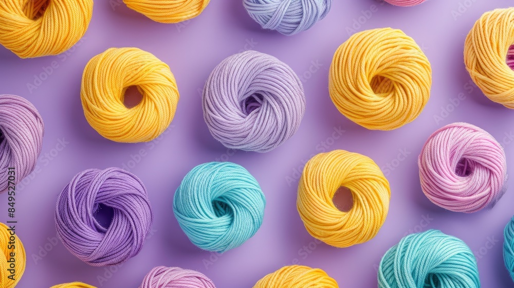 Poster colorful yarn in yellow arranged in a seamless pattern on a purple background in a flat lay composit