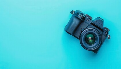 A camera is on a blue background