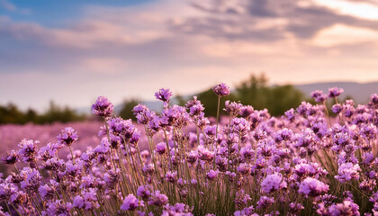 Obraz premium Field of purple spring or summer flowers with soft blurred background. Beautiful nature.
