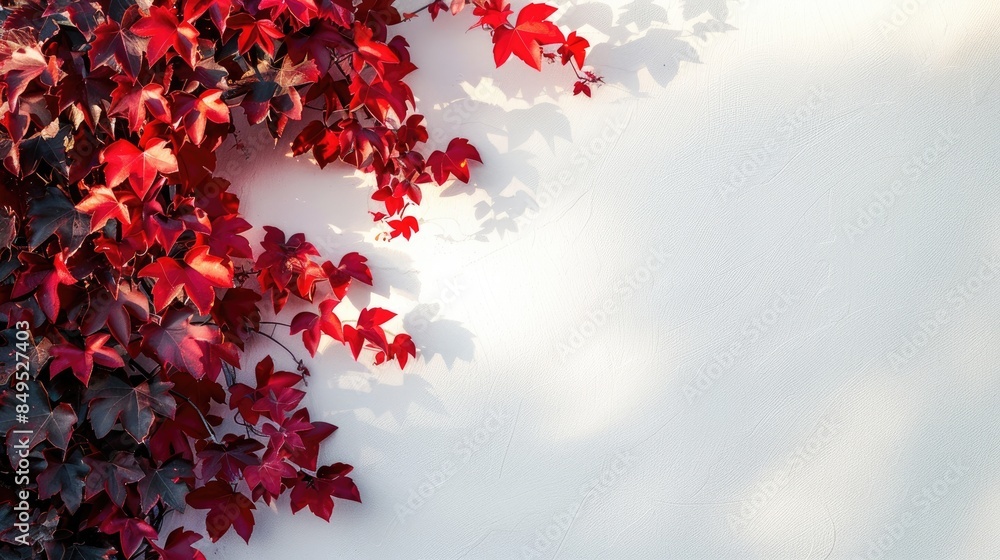 Poster Beautiful red ivy in morning sunlight against a white wall with space for text