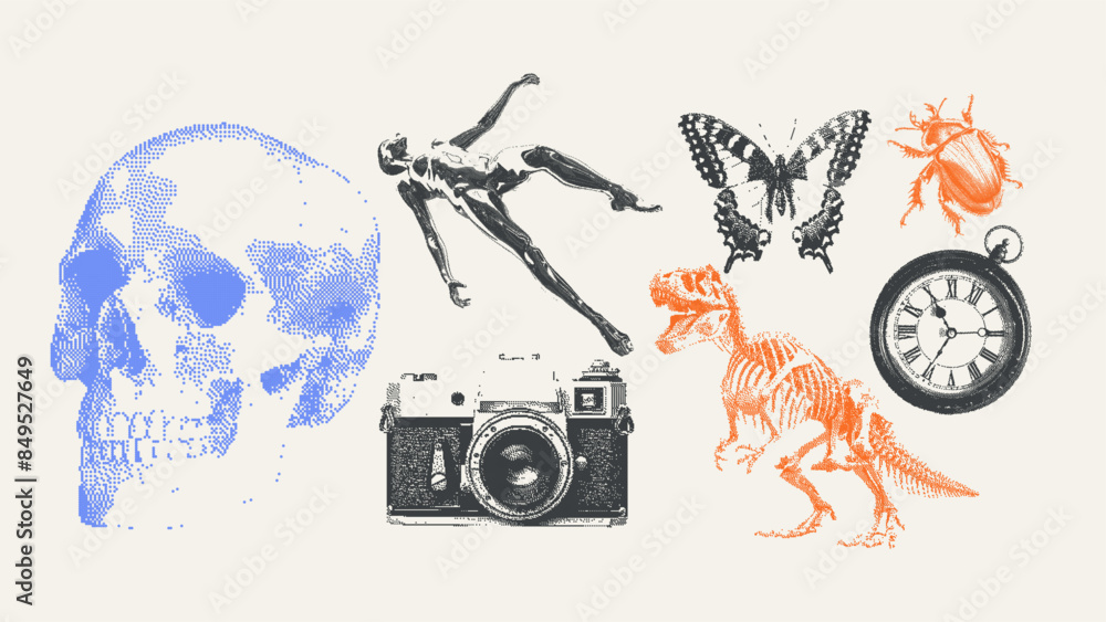 Aufkleber retro surreal bitmap vector set. trendy halftone clip art elements in a retro futurism style, includ
