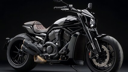 A sleek, black motorcycle with a powerful and aggressive design is showcased against a dark background