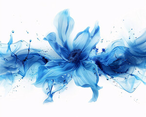 An abstract digital artwork featuring a blue flower with flowing, watercolor-like petals and splashes, set against a clean white background