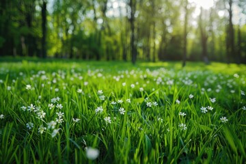 Field of green grass with white flowers