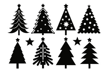 Christmas tree icons bundle, silhouettes in black color. Vintage vector icons isolated on white background. Silhouettes of christmas trees with a stars at the top. Big set for decoration.