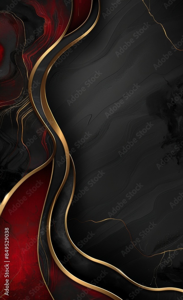 Poster elegant abstract background with dark red and black gradient and flowing golden lines