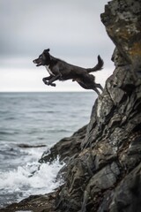 Fototapeta premium Dog jumping from cliff