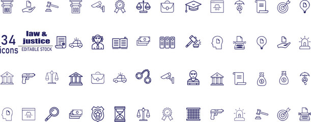 Law and justice minimal thin line web icon set.