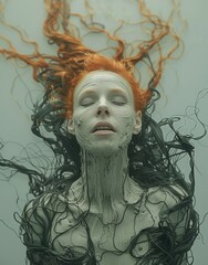 A woman with long red hair and a face covered in black and white hair