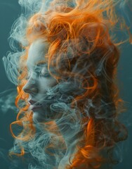 A woman with red hair is in front of a blue background