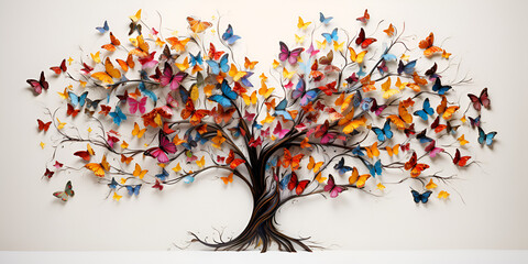 Beautiful colorful tree magical fairytale clipart illustration, A tree with colorful butterflies on it

