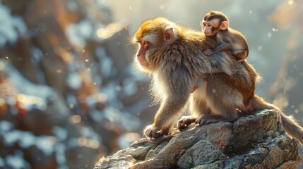 Obraz premium Mother macaque with baby on her back, walking across rocks, close-up with photo-realistic detail, natural sunlight accentuating their bond, intricate textures