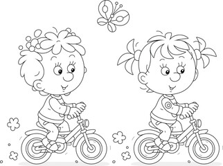 Funny little girls friendly smiling, talking and riding small toy bicycles on a summer day, black and white vector illustration for a coloring book