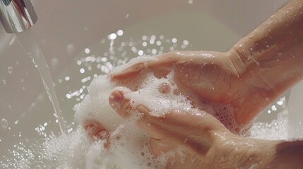 Fototapeta premium a man washing his hands with soap in a close-up photo, focusing on a white sink against an isolated background, with elements of a bathroom and flowing water visible.