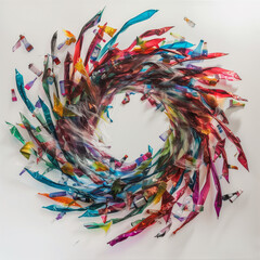 Colorful plastic debris arranged in a swirling pattern on a white background.