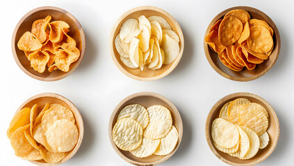 Collection of various flavored potato chips in bowls, isolated on a white background, top view