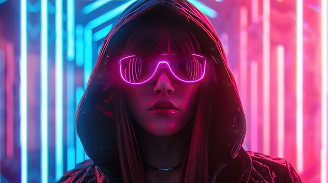 Woman fashion Modern elegant cyberpunk style model on neon background wallpaper AI generated image