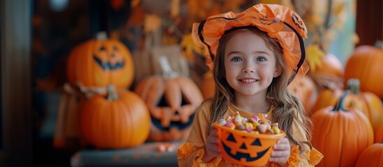 Young girl smiling in a Halloween costume, holding a pumpkin-shaped basket full of candy, indoor setting, Jack-o'-lantern, Halloween celebration, copy space.