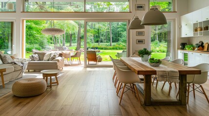 Fototapeta premium Beautiful living room and dining area in an apartment with white walls, wooden floor and modern furniture, large window overlooking the garden.