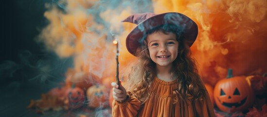 Young girl smiling dressed as a witch holding a magic wand, pumpkin background, smoke, orange, Halloween night, copy space.