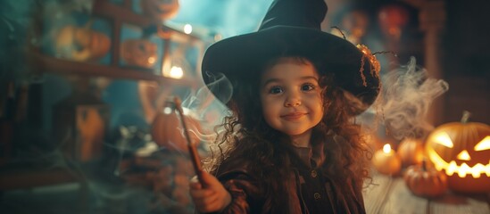 Fototapeta premium Young girl smiling dressed as a witch holding a magic wand, smoke, indoor setting, Jack-o'-lantern, Halloween night, copy space.