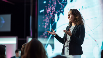 A dynamic female entrepreneur delivering a keynote speech at a tech summit with an interactive screen behind her.