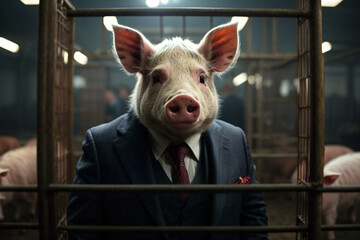 Pig standing on its hind legs, dressed in a business suit and tie, portraying a confident and professional demeanor. Other pigs visible in the background. Unconventional Leadership concept.