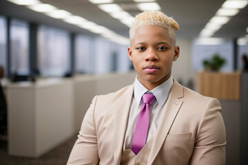 Portrait of a professional albino businessman in a formal attire, embodying diversity and empowerment in the workplace. Modern corporate leader.