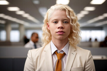 Portrait of a professional albino businesswoman in a formal attire, embodying diversity and empowerment in the workplace. Modern corporate leader.
