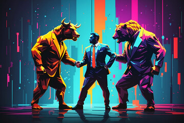 On the left a bull, human in the middle and a bear on the right represents the human influence for the market trends. Bull and Bear markets. Finance, economics, market trends, and the human influence.