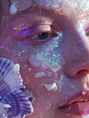 A woman's face is covered in glitter and has a shell on her forehead