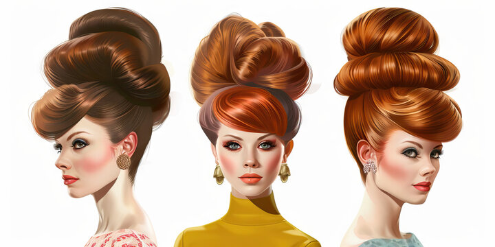 Hairstyle (Beehive): A figure with a beehive hairstyle, representing the popular hairstyle of the 1960s