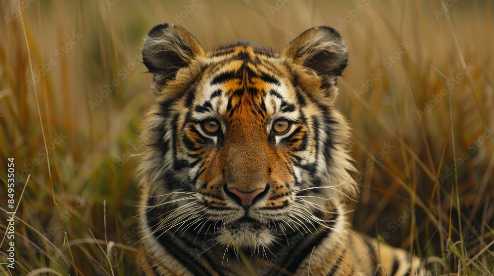 Wall mural Close-up of a young Bengal tiger in tall grass during the daytime, looking directly at the camera