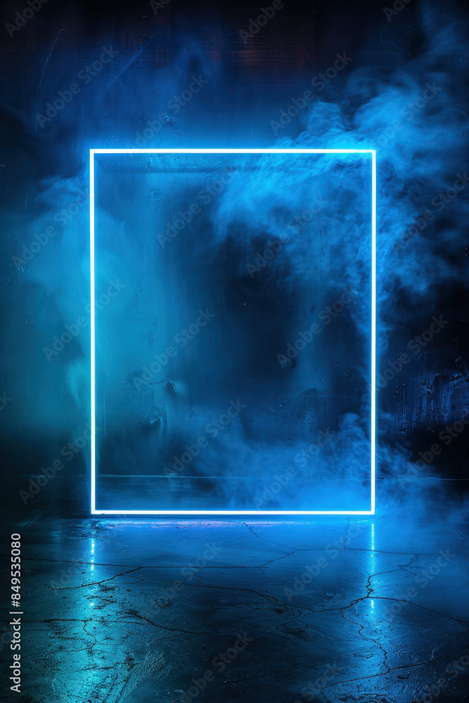 Aufkleber neon frame glowing on a dark background with smoke, creating a mysterious and futuristic atmosphere