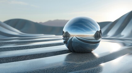 A large, shiny, reflective ball sits on a sandy beach