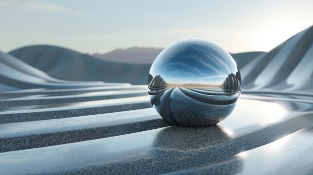 A large, shiny, reflective ball sits on a sandy beach