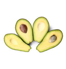 Halves of tasty ripe avocados on white background