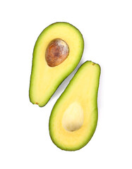 Halves of tasty ripe avocado on white background